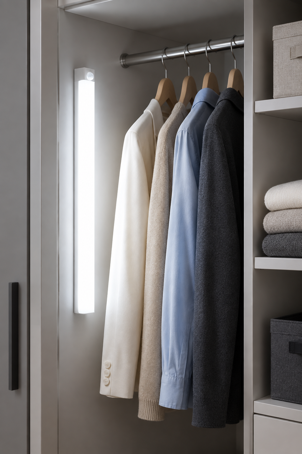 Barre LED AUREN LIGHT™ lumière froide dans un dressing, éclairage automatique